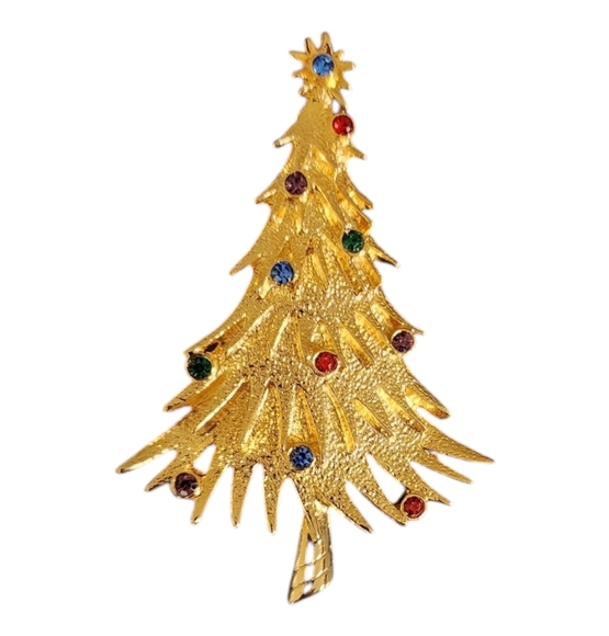 JJ Jonette Gold Tone Spikey Christmas Tree W/ Red, Green & Blue Rhinestones Pin - Picture 1 of 4